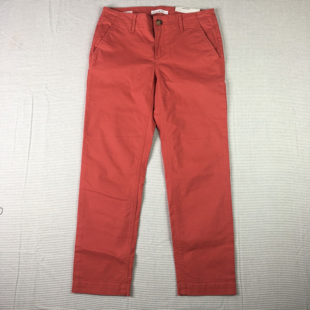 LOFT The Slim Chino Pants Womens 0 Coral Orange Cotton Stretch Crop Trousers NEW
